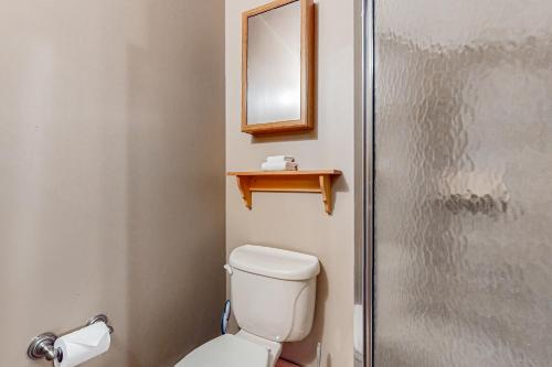 a bathroom with a toilet and a mirror and a shower at The Loft at Pine Rock in Weston