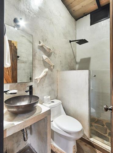a bathroom with a toilet and a sink at Cabaña Luna del Bosque in Tapalpa