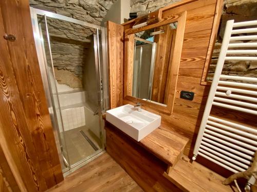 a bathroom with a sink and a mirror at La Mizoùn de Marguerito - Appartamento Ginestra in Acceglio