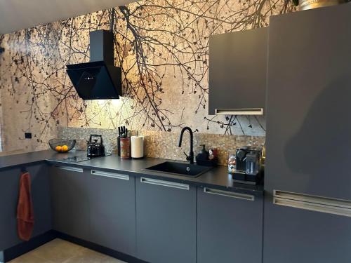 cocina con fregadero y pared en Bed & Breakfast ByBreg en Apeldoorn