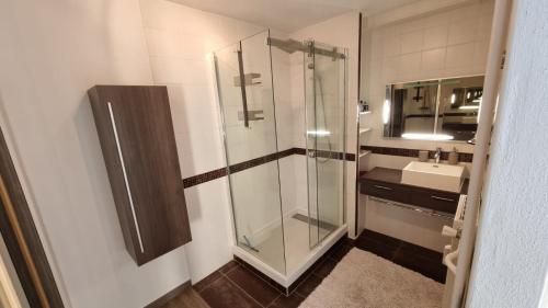 a bathroom with a glass shower and a sink at Dreamy Suite for Sunsetlovers in Saint-Louis