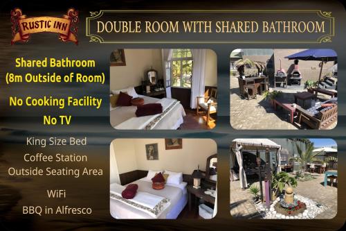 a collage of pictures of a bedroom with a room with shared bathroom at Rustic Inn in Swakopmund