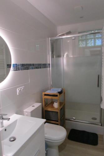 a bathroom with a shower and a toilet and a sink at Appartement T2 neuf Bages centre in Bages