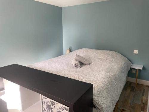 een klein bed in een kamer met een zwarte tafel bij Rivière, maison chaleureuse. in Rivière
