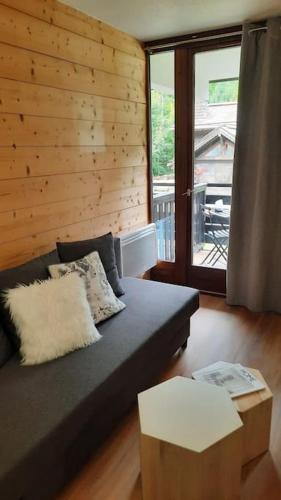 un salon avec un canapé et une grande fenêtre dans l'établissement Appartement cosy au pied des pistes, à Morillon