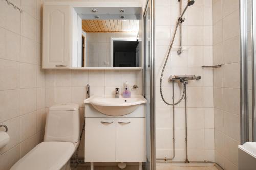 La salle de bains blanche est pourvue d'un lavabo et d'une douche. dans l'établissement Pikkuriikkinen yksiö kaikilla herkuilla Levin keskustassa, à Kittilä