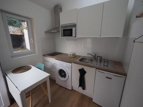 uma pequena cozinha com um lavatório e uma máquina de lavar roupa em Appartement meublé 4 - 15 min Dampierre - 25 min Belleville - WIFI em Gien