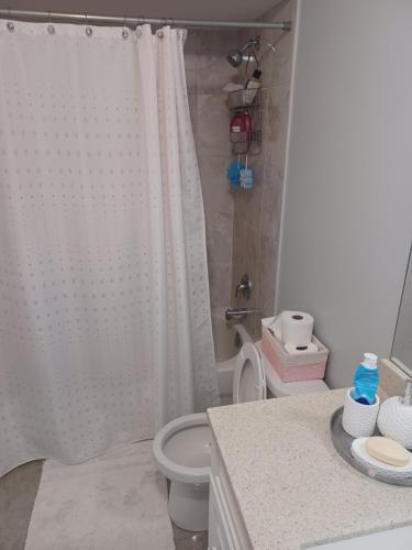 a bathroom with a white shower curtain and a toilet at JORDAN'S NEST in Ajax