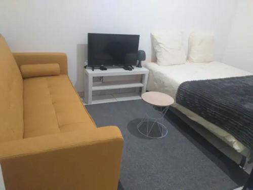 a bedroom with a couch and a bed and a tv at 3 chambres à louer dans l'appartement deux pas à Tramway2 in Colombes