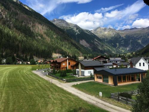 a house in a field with mountains in the background at Haus Karin Mallnitz in Mallnitz