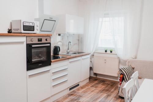 uma cozinha com armários brancos e um lavatório em Apartmány Železničářská em Ústí nad Labem