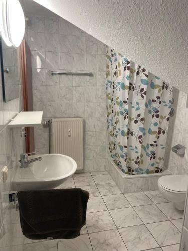 a bathroom with a sink and a toilet and a shower curtain at APARTMENT / WOHNUNG IN GOLDBACH in Goldbach