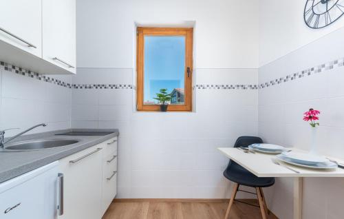 een witte keuken met een wastafel en een raam bij Apartments Viktor in Poreč