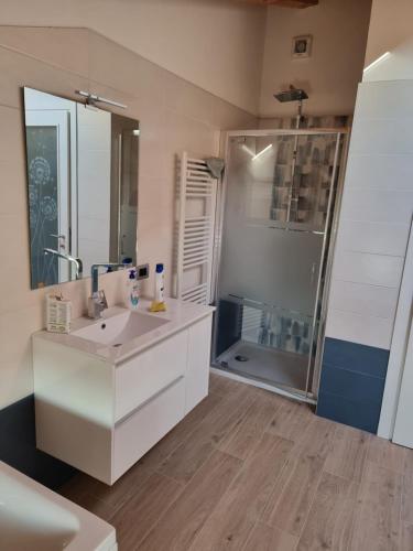 een badkamer met een wastafel en een douche bij In campagna in Visnadello