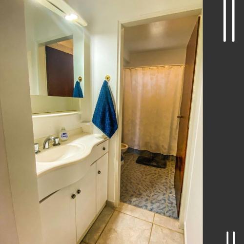 a bathroom with a sink and a shower at Departamento Good Vibes 2 in Paraná