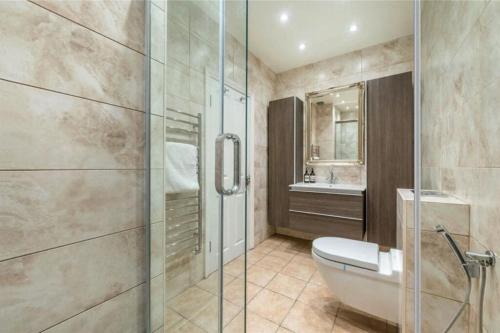 a bathroom with a shower and a toilet and a sink at Stylish flat in Hampstead in London