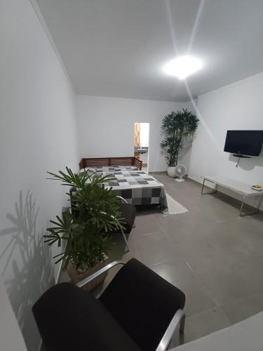 uma sala de estar com sofás e vasos de plantas em Ocker Pousada no Guarujá