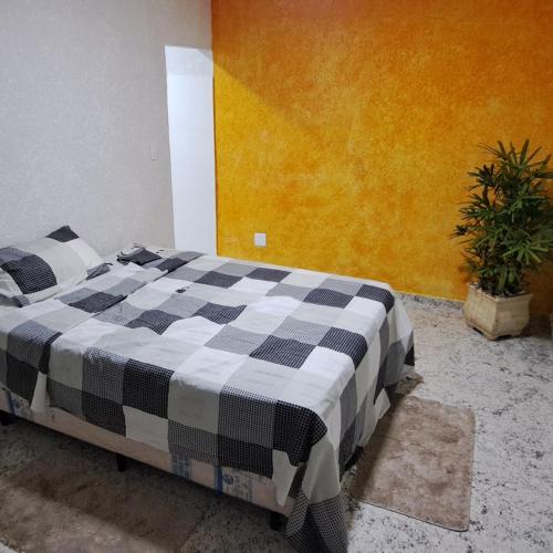 a black and white checkered bed in a room at Ocker Pousada in Guarujá