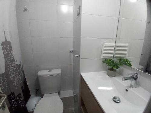 un bagno bianco con un water e un lavandino di ALOJAMIENTO BAHIA PELICANOS EXTENSAS y AMPLIAS VISTAS AL JARDIN a La Serena