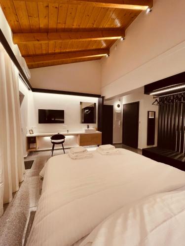 a bedroom with a large white bed and a tv at Oiko Worth Living No7 in Ioannina