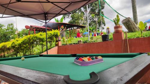 a pool table with a bowl of balls on it at Finca Hotel Villa Luna in Armenia