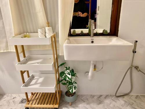 ein Badezimmer mit einem Waschbecken, einem Spiegel und einer Pflanze in der Unterkunft สวนเบอร์รีแคมป์ทนายจุฬา Berry Camp Korat in Ban Nong Khon