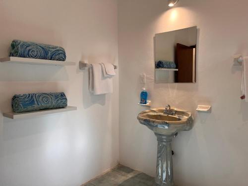 uma casa de banho com lavatório, espelho e toalhas em Casa Puerto Morelos em Puerto Morelos