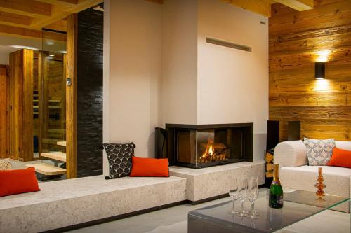 sala de estar con chimenea y sofá en Chalet Alphonse - OVO Network, en Châtel