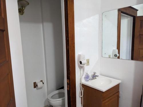 a bathroom with a sink and a toilet and a mirror at The Oliver House - Adults Only in Bisbee