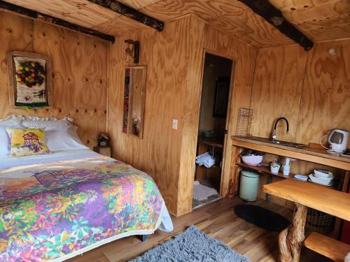 ein Schlafzimmer mit einem Bett und einem Waschbecken in der Unterkunft Cabañas&tinajas en Molulco-Pureo-Natri,Compu in Compu