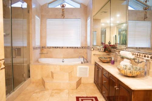 a bathroom with a tub and a shower and a sink at Luxe Oasis: w/Pool & Lake Access in Nassau