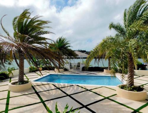 a swimming pool with two palm trees next to it at Luxe Oasis: w/Pool & Lake Access in Nassau
