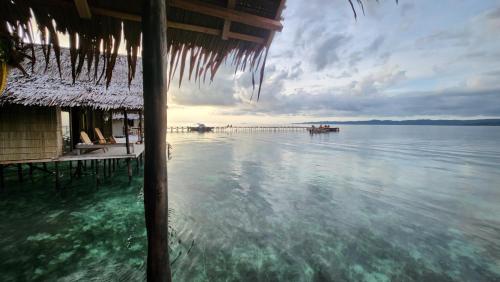 a view of the water from a beach with a hut at Terimakasih homestay in Pulau Mansuar