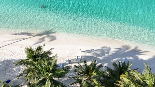 an overhead view of a beach with palm trees and the ocean at Blue Water Thoddoo Inn in Thoddoo