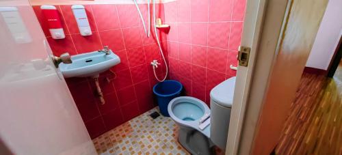 małą łazienkę z toaletą i umywalką w obiekcie OYO 1038 WILLIAM HEARTS PENSION w mieście Puerto Princesa