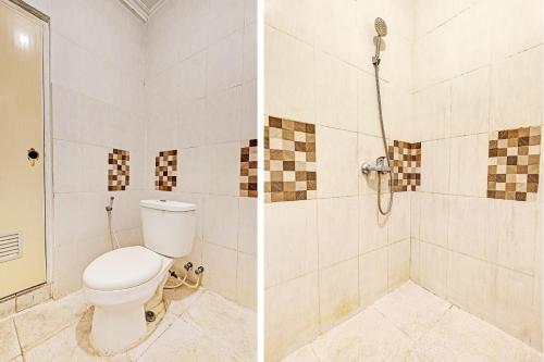 two pictures of a bathroom with a toilet and a shower at Collection O 92864 Mitra Residence in Semarang
