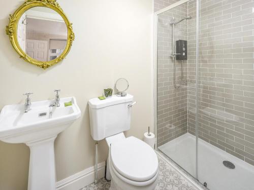 a bathroom with a toilet and a sink and a shower at Angel Lane in Alnwick