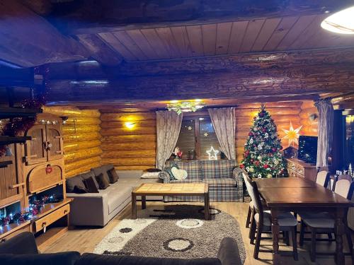 una sala de estar con un árbol de Navidad en una cabaña de madera en Casa Brindusa, en Poiana Negrii