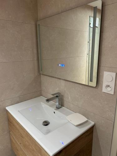 une salle de bain avec un lavabo blanc et un miroir dans l'établissement Joli Duplex sur la rive du lac, à Gérardmer