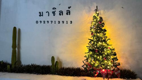 a christmas tree in a room with a cactus at มาชิลล์ รีสอร์ท สังขละบุรี in Sangkhla Buri