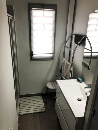 une salle de bain avec un lavabo et une fenêtre dans l'établissement BOUCANET Appartement P3 vue sur mer - 2 CHAMBRES POUR 6 PERSONNES - LOGGIA, au Grau-du-Roi