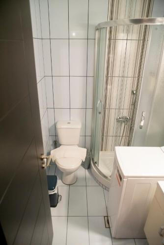 a white bathroom with a toilet and a shower at Ioannina Amazing Deluxe Apartment in Pedini