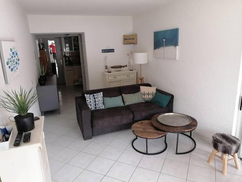 un salon avec un canapé marron et une table dans l'établissement APPARTEMENT 1 CHAMBRE 4 PERSONNES EN REZ DE CHAUSSEE DANS RESIDENCE AVEC PISCINE, au Grau-du-Roi
