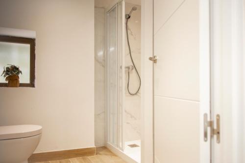 uma casa de banho branca com um chuveiro e um WC. em Bilbao centro Zumaia2 em Bilbao