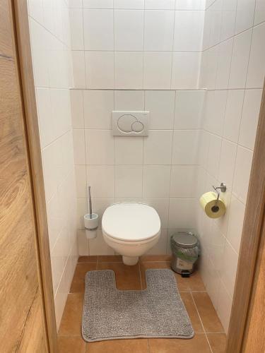 a small bathroom with a toilet and a rug at Komfort-Apartments Waidring in Waidring