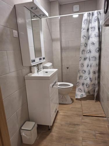a bathroom with a sink and a toilet and a mirror at Expo Airport otel in Surčin