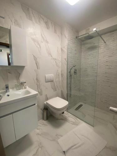 a bathroom with a shower and a toilet and a sink at Dishli Hotel & Spa in Struga