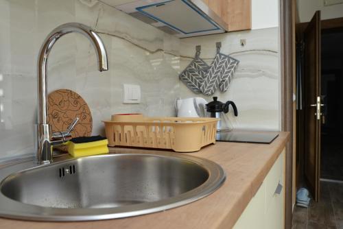 um balcão de cozinha com um lavatório na cozinha em Vila ALIBI em Kopaonik
