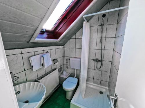 uma casa de banho com um chuveiro, um WC e um lavatório. em Complex Caprioara Toplita em Topliţa