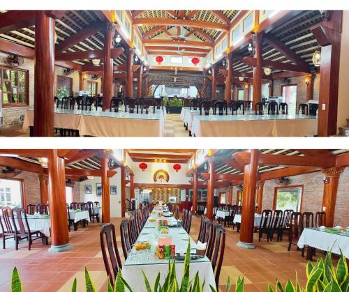 two pictures of a dining hall with tables and chairs at Hoa Lu Garden Resort in Ninh Binh